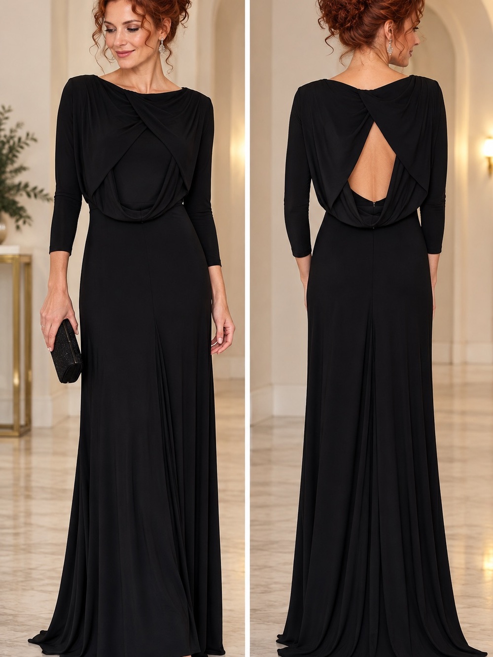 🖤MAKE OFFER🖤 NWT Badgley Mischka Black 3/4 Sleeve Draped Back Maxi Gown Dress 6